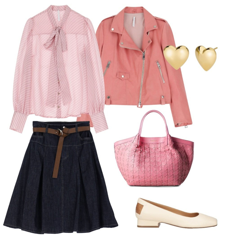Outfit donna - Primavera in rosa. Stile Urban per Tutti i giorni. Abbinamento con borse a mano, ballerine, orecchini, giacche, camicie, gonne longuette.
