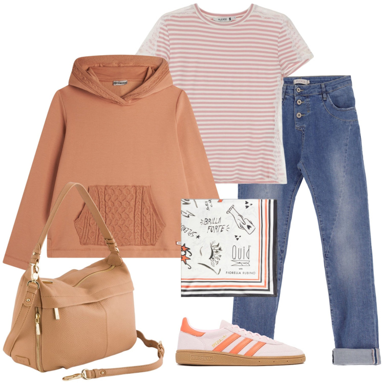 Outfit donna - Brilla forte. Stile Casual per Tutti i giorni. Abbinamento con jeans slim fit, t-shirt, felpe con cappuccio, sneakers, borse a tracolla, foulard.