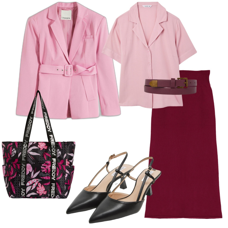 Outfit donna - In ufficio in rosa. per Ufficio. Abbinamento con blazer, sabot, camicie a manica corta, gonne longuette, shopping bag, cinture.