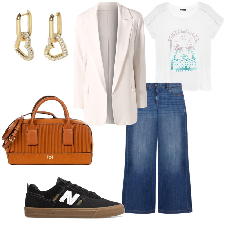 Outfit donna - Per tutti i giorni. per Tutti i giorni. Abbinamento con borse a mano, blazer, orecchini, sneakers, jeans, t-shirt.