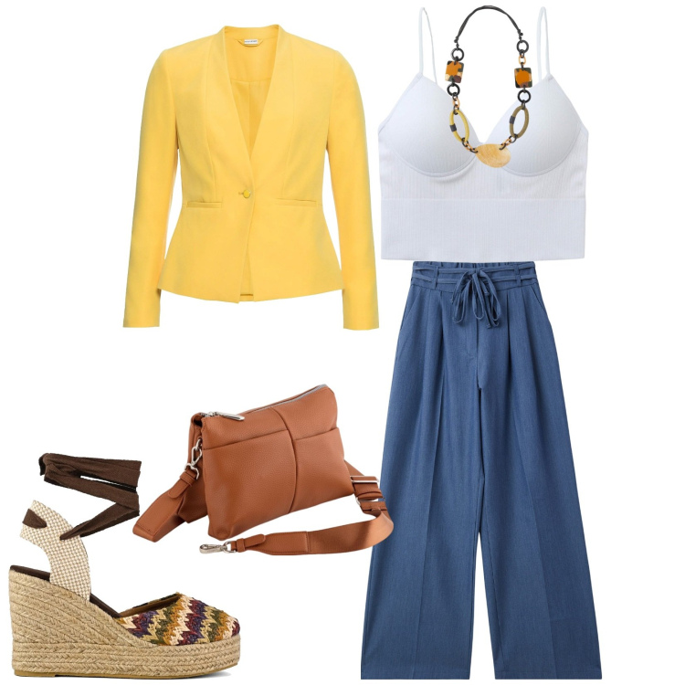 Outfit donna - Partiamo per il mare. per Mare. Abbinamento con blazer, top, jeans, sandali col tacco, borse a tracolla, collane.