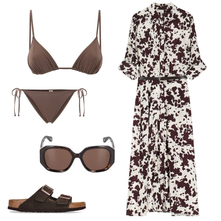 Outfit donna - Cioccolato. Stile Etnico per Mare. Abbinamento con vestiti chemisier, bikini, bikini, sandali, occhiali da sole.