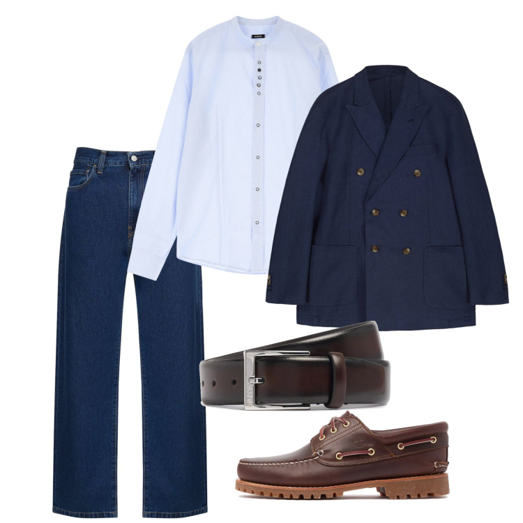 Outfit uomo - Blu primavera. Stile Casual per Tutti i giorni. Abbinamento con camicie, pantaloni, cinture, giacche, scarpe stringate.