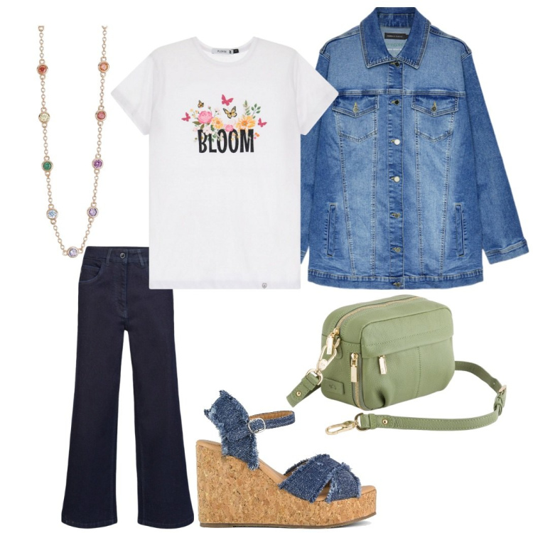 Outfit donna - W il denim!. Stile Trendy per Tutti i giorni. Abbinamento con collane, t-shirt, zeppe, pantaloni, borse a tracolla, blazer.