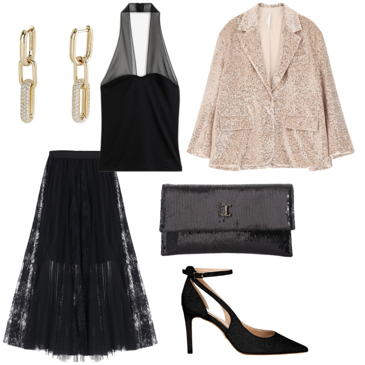 Outfit donna - Cerimonia serale edtiva. per Serata fuori. Abbinamento con top, décolleté, orecchini, borse a tracolla, gonne, blazer.