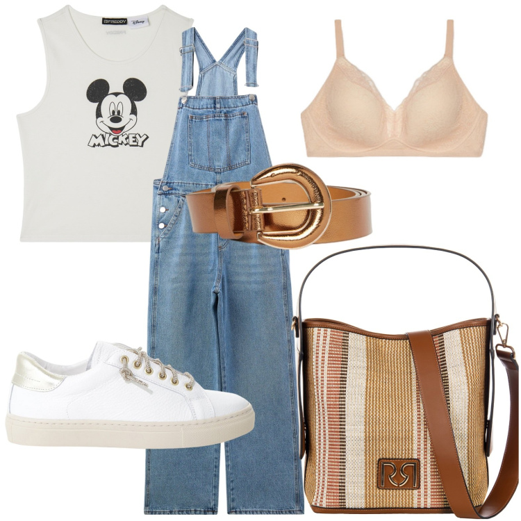 Outfit donna - In jeans - @pamela. Stile Basic per Scuola/Università. Abbinamento con salopette, borse a secchiello, sneakers, canottiere, reggiseni, cinture.