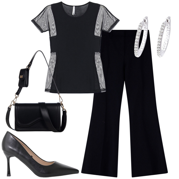 Outfit donna - Trasparenze. Stile Trendy per Serata fuori. Abbinamento con orecchini, pochette, décolleté, t-shirt, pantaloni.
