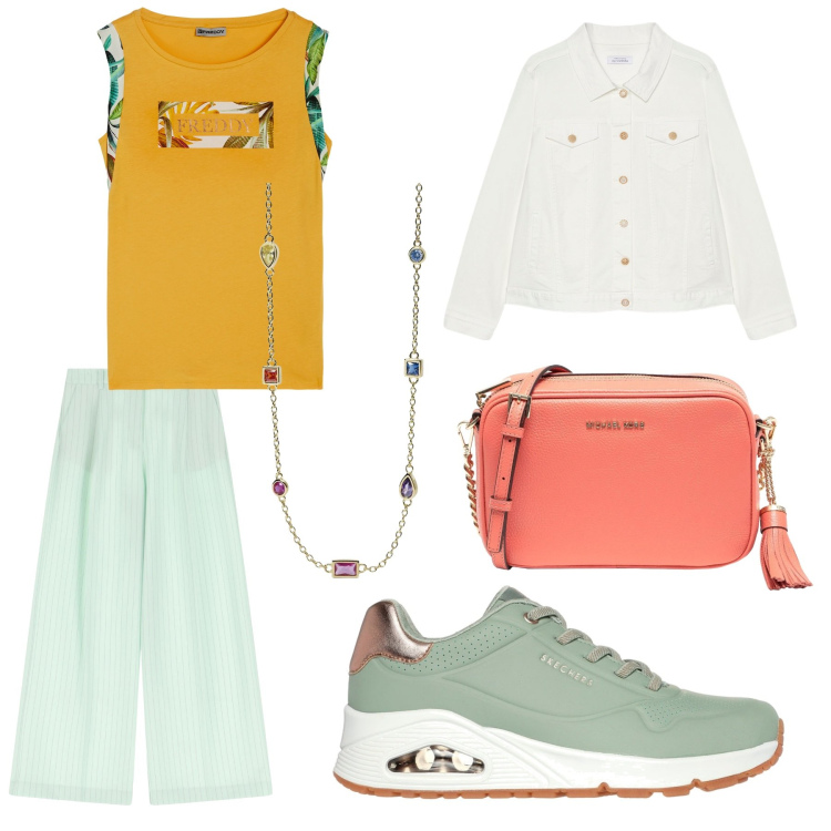 Outfit donna - Total look #2094754. Stile Sporty chic per Tutti i giorni. Abbinamento con borse a tracolla, collane, pantaloni a palazzo, t-shirt, sneakers, blazer.