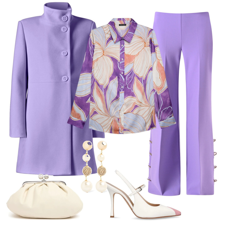 Outfit donna - Cerimonia ad aprile. Stile Bon Ton per Cerimonia. Abbinamento con cappotti, pantaloni a palazzo, camicie, décolleté, pochette, orecchini.
