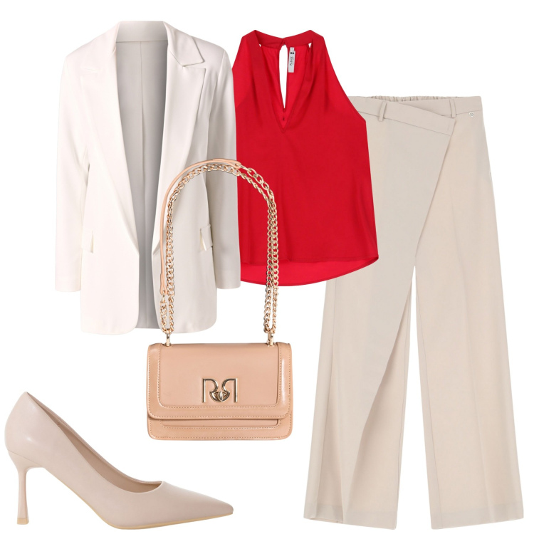 Outfit donna - City. Stile Chic per Tutti i giorni. Abbinamento con blazer, borse a tracolla, pantaloni, top, décolleté.