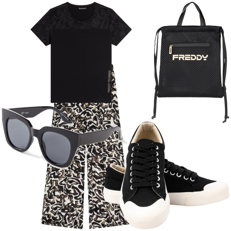 Outfit donna - Bella passeggiata. Stile Casual chic per Tutti i giorni. Abbinamento con occhiali da sole, pantaloni a palazzo, zaini, t-shirt, sneakers.