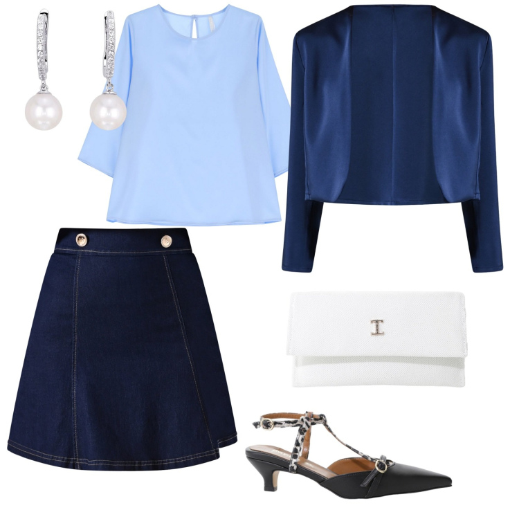 Outfit donna - Dall\' ufficio all\'aperitivo. per Tutti i giorni. Abbinamento con orecchini, minigonne, bolero, bluse, décolleté, borse a tracolla.