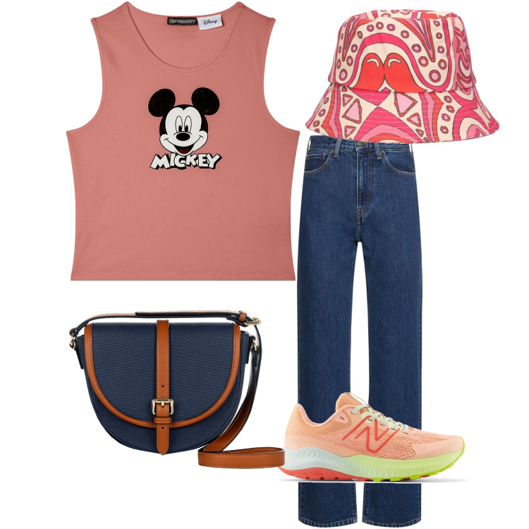 Outfit donna - W Topolino. Stile Casual per Tutti i giorni. Abbinamento con sneakers, borse a tracolla, canottiere, cappelli, jeans dritti.