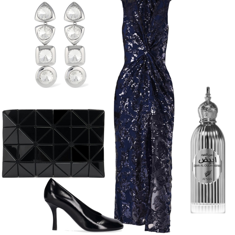 Outfit donna - Long black dress. Stile Glamour per Serata fuori. Abbinamento con profumi, vestiti lunghi, orecchini, pochette, décolleté.