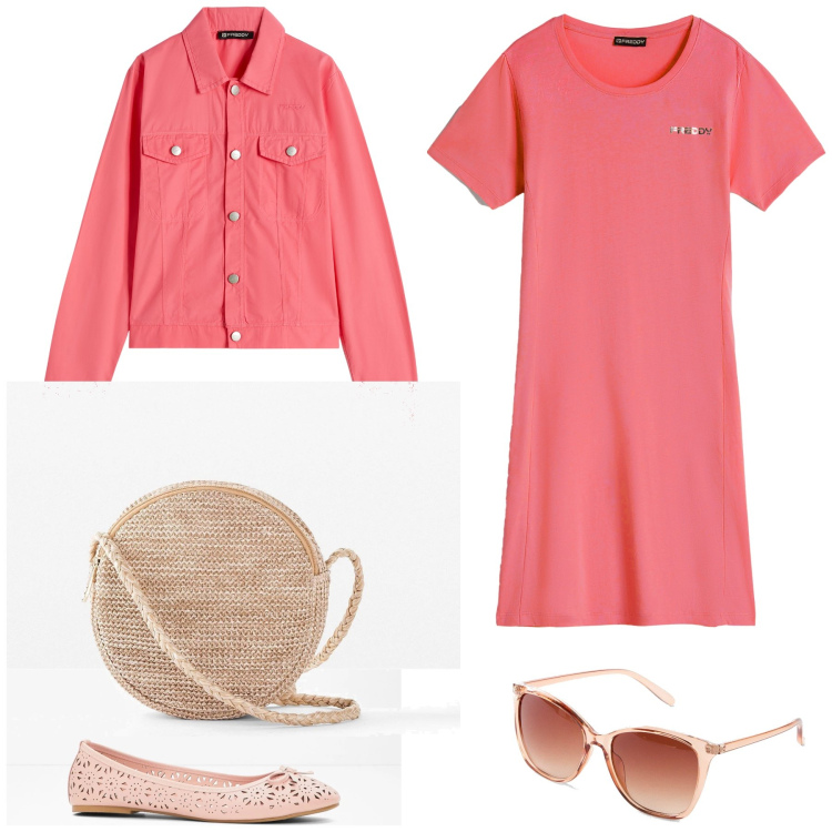 Outfit donna - Stessa tonalità. Stile Basic per Tutti i giorni. Abbinamento con ballerine, borse a tracolla, occhiali da sole, vestiti corti, blazer.