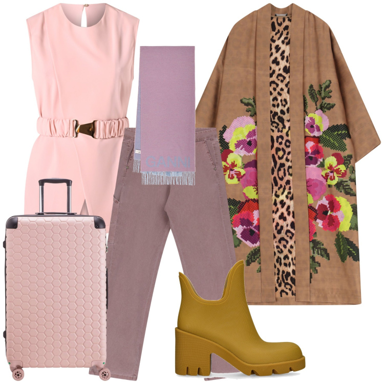 Outfit donna - Un viaggio elegante. Stile Glamour per Tutti i giorni. Abbinamento con trench, bluse, jeans dritti, stivaletti, sciarpe, valigie.
