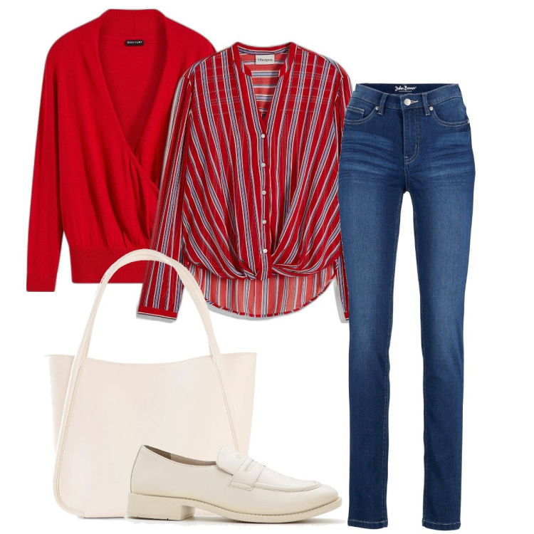 Outfit donna - Colori e fantasie di tendenza. Stile Casual chic per Tutti i giorni. Abbinamento con jeans, camicie, maglieria, shopping bag, mocassini.