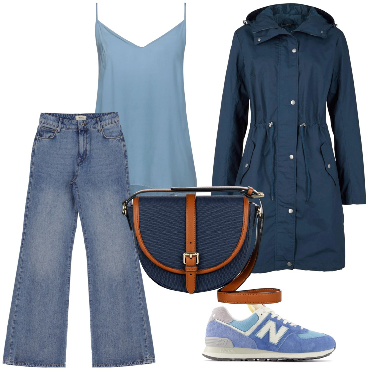 Outfit donna - Total look. Stile Casual chic per Tutti i giorni. Abbinamento con parka, top, jeans, sneakers, borse a tracolla.