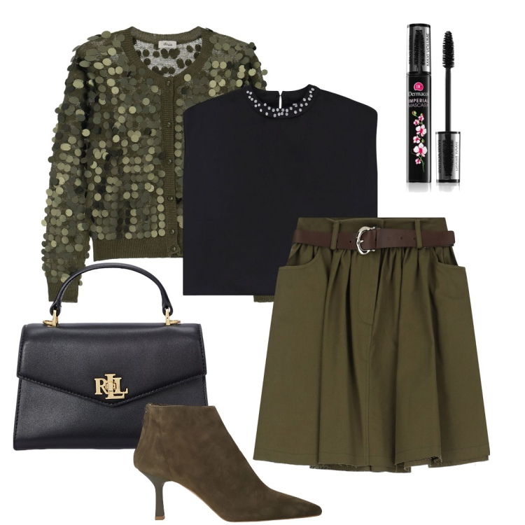 Outfit donna - Bantoa - Mid Season Sale. Stile Bon Ton per Serata fuori. Abbinamento con mascara, top, cardigans, minigonne, stivaletti, borse a mano.