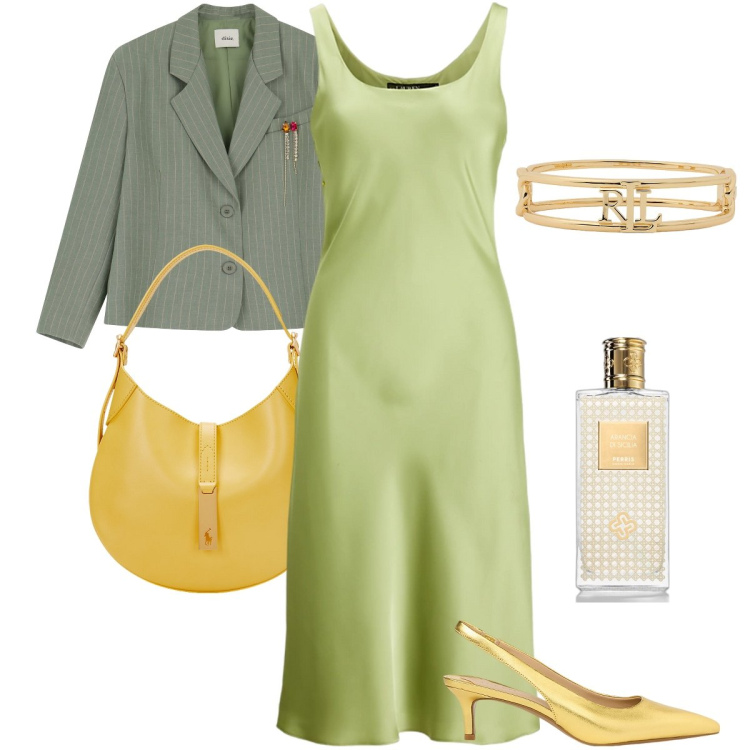 Outfit donna - Giallo e verde. Stile Chic per Cerimonia. Abbinamento con profumi, blazer, vestiti senza maniche, braccialetti, décolleté, borse a spalla.