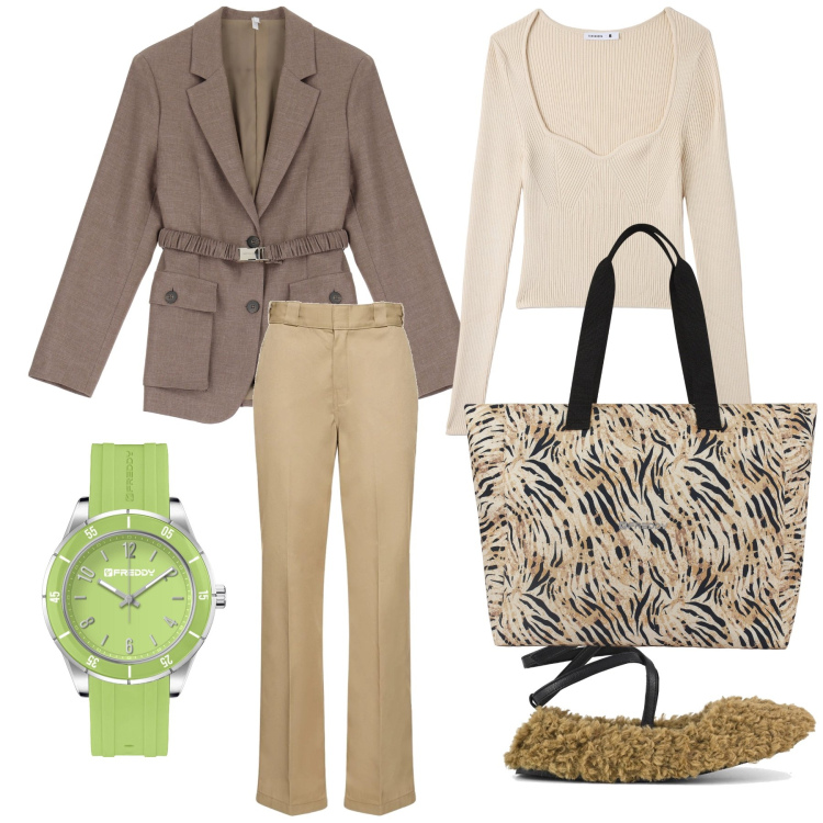 Outfit donna - Il tocco fluo. Stile Urban per Ufficio. Abbinamento con maglieria, blazer, orologi, shopping bag, pantaloni, ballerine.