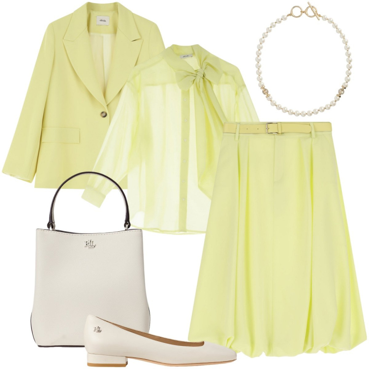 Outfit donna - Giallo e panna. Stile Romantica per Cerimonia. Abbinamento con gonne longuette, blazer, camicie, collane, ballerine, borse a secchiello.