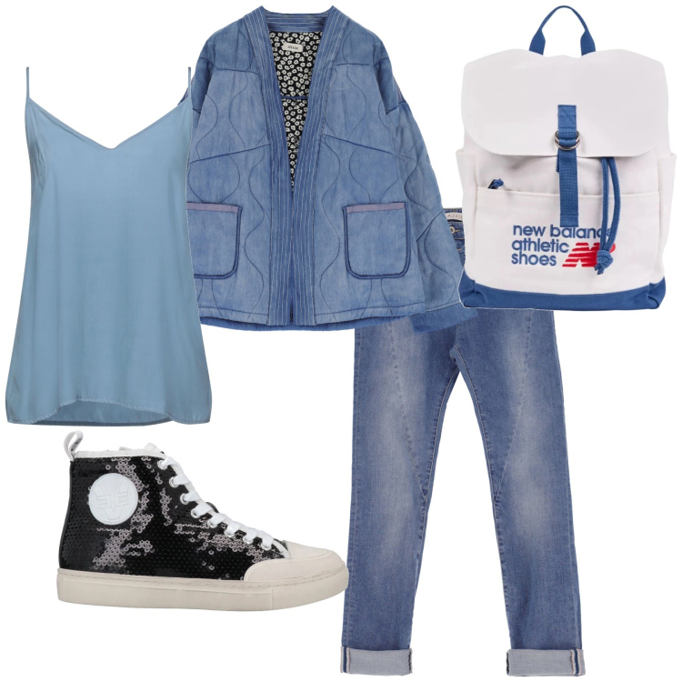 Outfit donna - Denim all over. Stile Casual chic per Tutti i giorni. Abbinamento con top, sneakers alte, zaini, jeans slim fit, blazer.