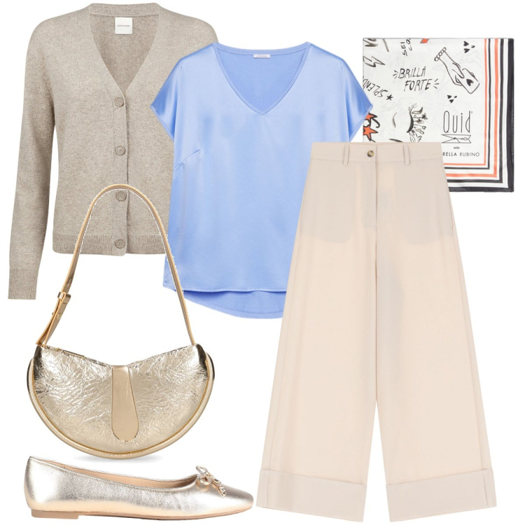 Outfit donna - Accessori dorati. Stile Casual chic per Tutti i giorni. Abbinamento con ballerine, pantaloni a palazzo, t-shirt, cardigans, borse a spalla, foulard.