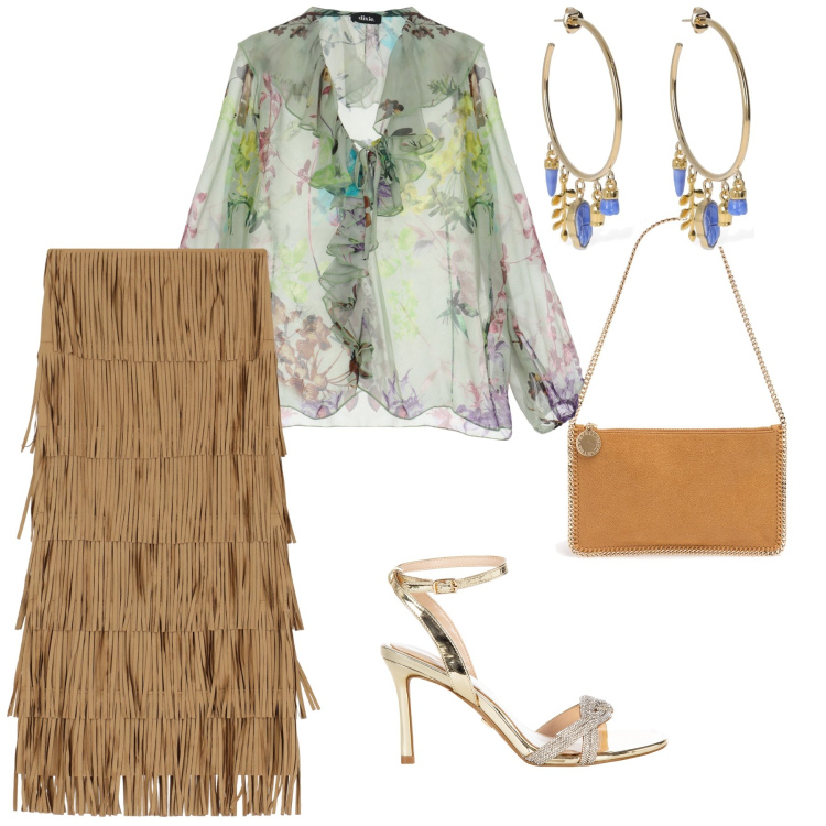 Outfit donna - Cerimonia un po’ hippy. Stile Glamour per Cerimonia. Abbinamento con gonne lunghe, bluse, sandali col tacco, orecchini, pochette.