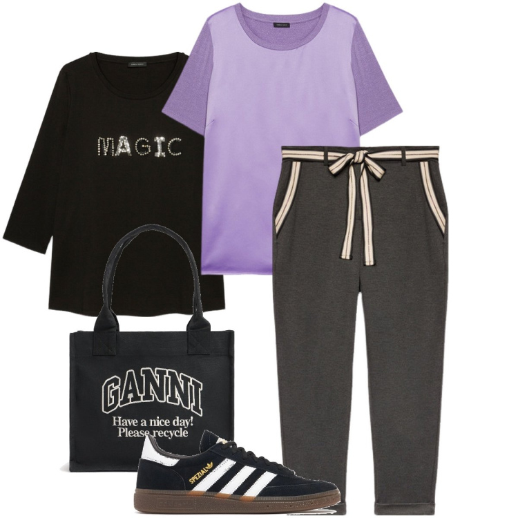 Outfit donna - La blusa viola. Stile Casual chic per Tutti i giorni. Abbinamento con t-shirt, pantaloni chino, t-shirt, sneakers, shopping bag.