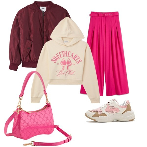 Outfit donna - Total look #2094804. Stile Sporty chic per Tutti i giorni. Abbinamento con pantaloni, sneakers, bomber, felpe con cappuccio, borse a tracolla.