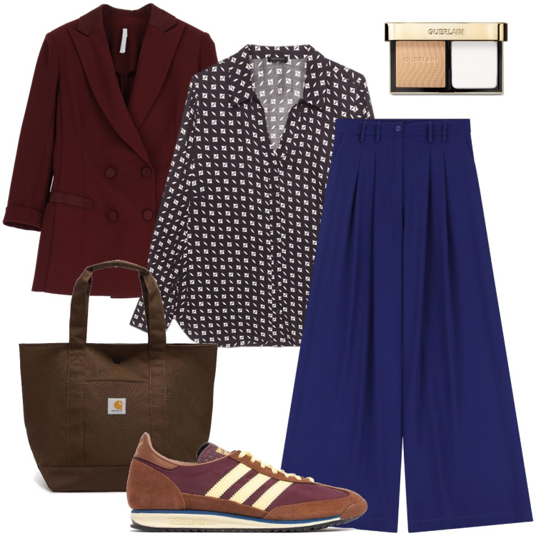 Outfit donna - Elegante con le sneakers. Stile Trendy per Ufficio. Abbinamento con fondotinta, pantaloni, blazer, camicie, sneakers, borse tote.