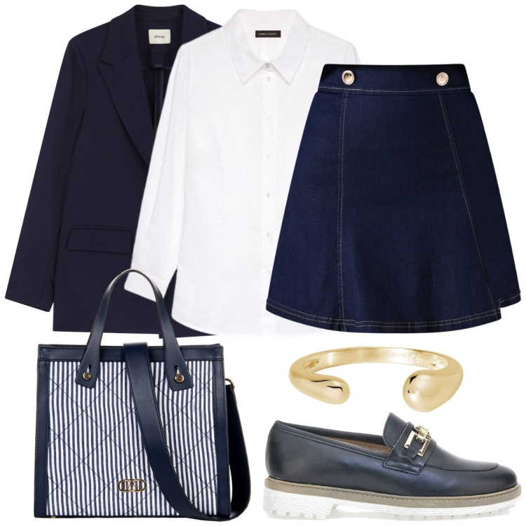 Outfit donna - Jeans in primavera. Stile Casual chic per Ufficio. Abbinamento con anelli, minigonne, shopping bag, blazer, mocassini, camicie.