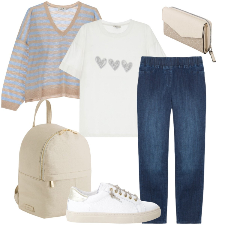 Outfit donna - La t-shirt con i cuori. Stile Casual per Tutti i giorni. Abbinamento con sneakers, maglieria, t-shirt, jeggings, zaini, portafogli.