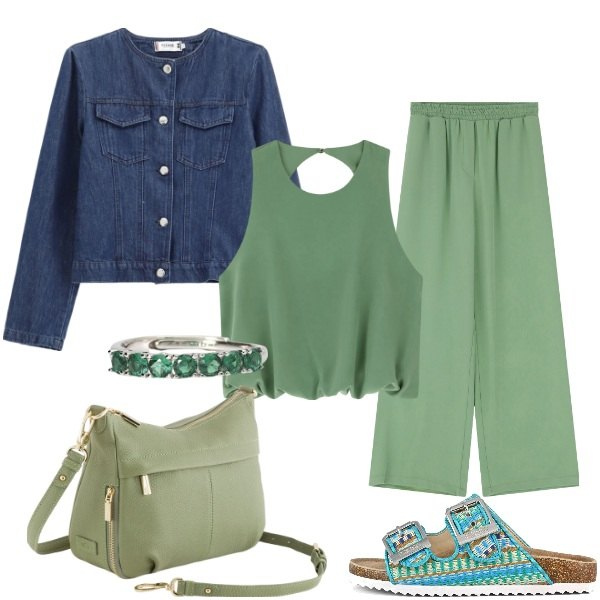 Outfit donna - Verde Denim. Stile Casual chic per Tutti i giorni. Abbinamento con anelli, blazer, pantaloni a palazzo, top, sandali, borse a tracolla.