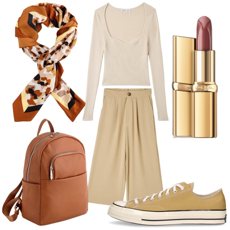 Outfit donna - Prof, mi interroghi. Stile Casual per Scuola/Università. Abbinamento con rossetti, pantaloni a palazzo, maglieria, sneakers, foulard, zaini.