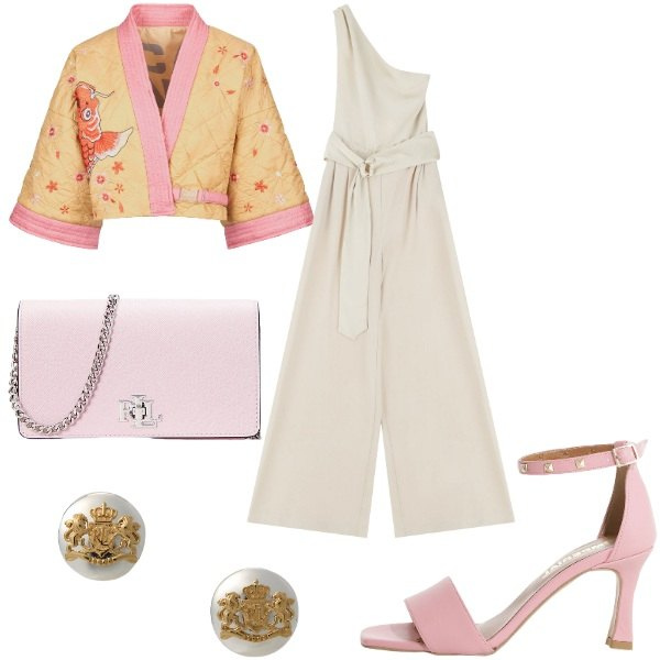 Outfit donna - Eleganza Asiatica. Stile Chic per Serata fuori. Abbinamento con sandali col tacco, tute, orecchini, borse a tracolla, kimono.