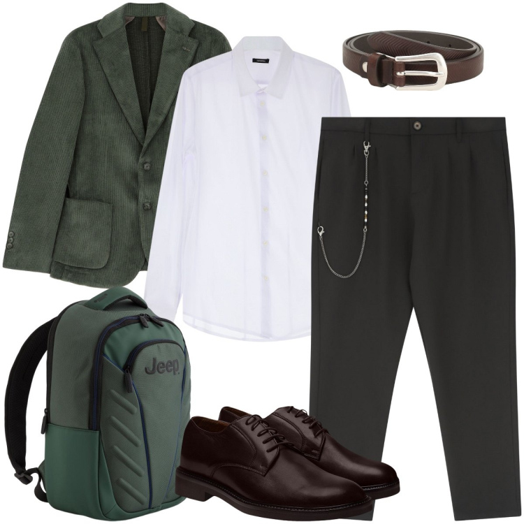 Outfit uomo - Verde in ufficio. Stile Business/Elegante per Ufficio. Abbinamento con cinture, camicie, giacche, pantaloni, scarpe stringate, borse sportive.