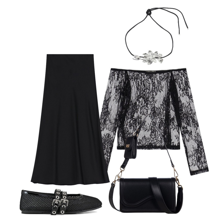 Outfit donna - Pizzo nero. Stile Glamour per Serata fuori. Abbinamento con pochette, maglieria, collane, gonne lunghe, ballerine.