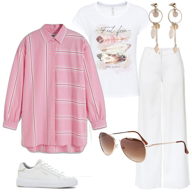 Outfit donna - Colori e fantasie Bonprix. Stile Casual per Tutti i giorni. Abbinamento con t-shirt, pantaloni a palazzo, occhiali da sole, orecchini, camicie, sneakers.