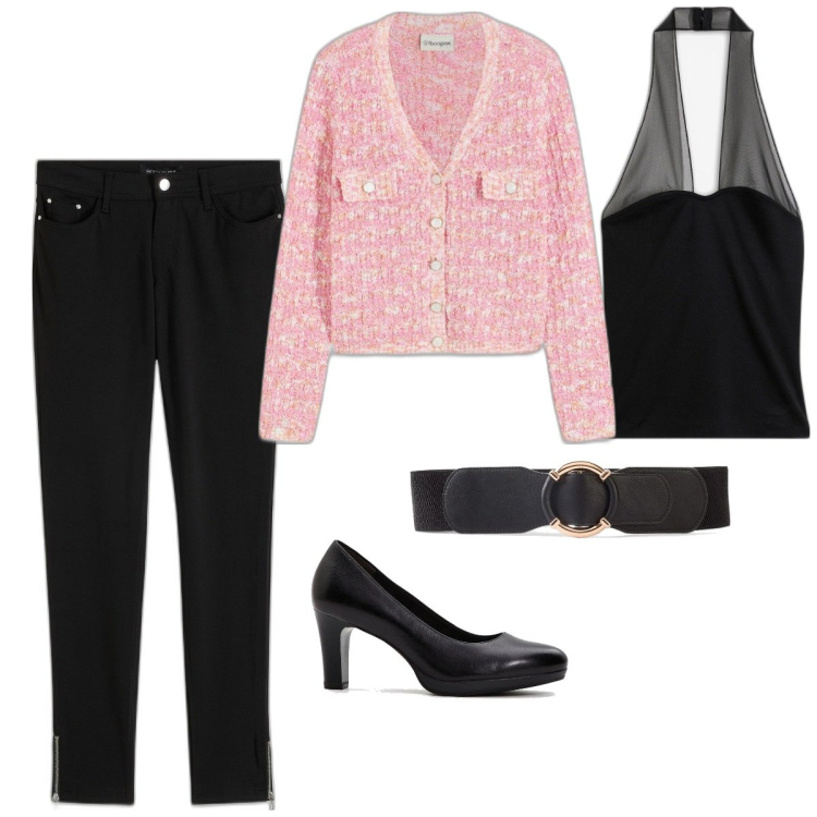 Outfit donna - Bonprix - colori e fantasie di tendenza. Stile Casual chic per Ufficio. Abbinamento con cardigans, pantaloni, décolleté, cinture, top.