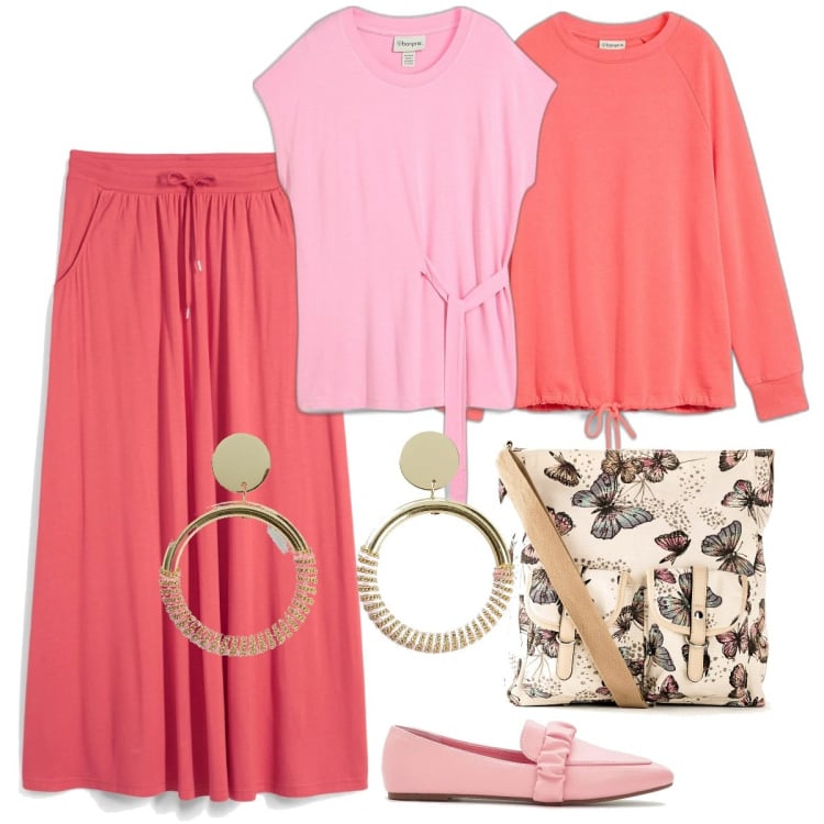 Outfit donna - Bonprix - colori e fantasie di tendenza. Stile Boho per Tutti i giorni. Abbinamento con gonne, bluse, mocassini, felpe, borse a tracolla, orecchini.
