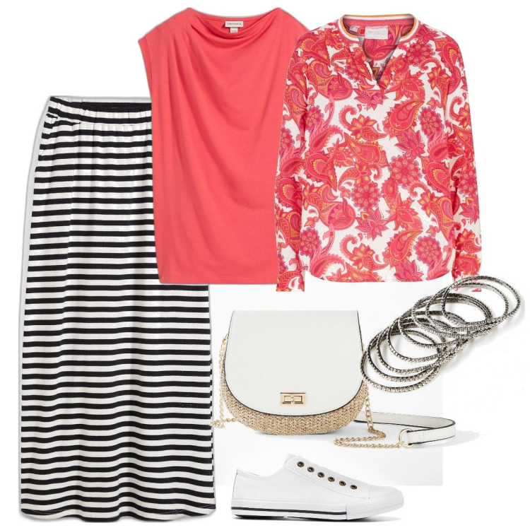 Outfit donna - Bonprix - colori e fantasie di tendenza. Stile Casual chic per Mare. Abbinamento con tuniche, sneakers, borse a tracolla, gonne lunghe, bluse, braccialetti.