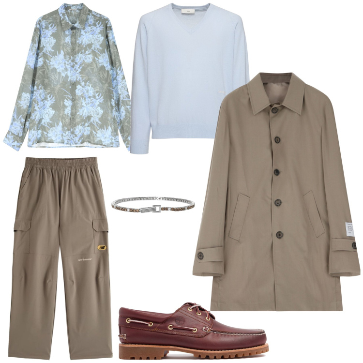 Outfit uomo - Un trench per completare il look. Stile Trendy per Tutti i giorni. Abbinamento con braccialetti, pantaloni, camicie, trench, pullovers, scarpe stringate.