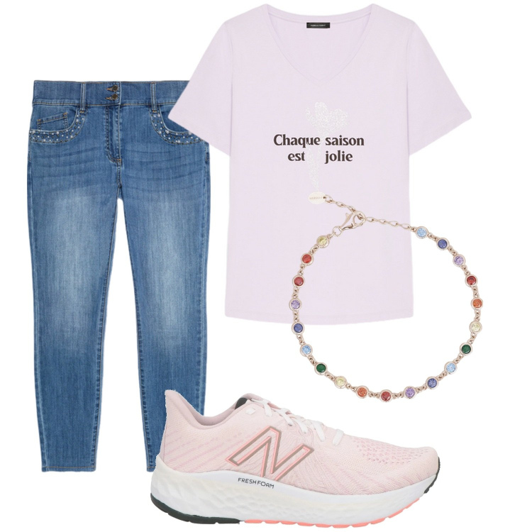 Outfit donna - Jeans in pink. Stile Casual per Tutti i giorni. Abbinamento con sneakers, braccialetti, t-shirt, jeans skinny.