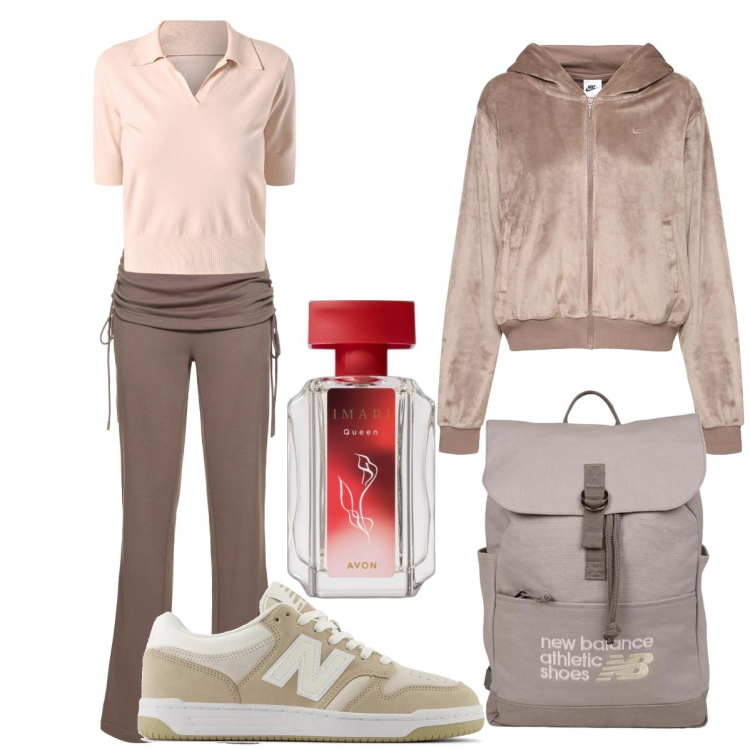 Outfit donna - Total look #2094882. Stile Sporty chic per Sport. Abbinamento con profumi, sneakers, zaini, polo, felpe con cappuccio, pantaloni.