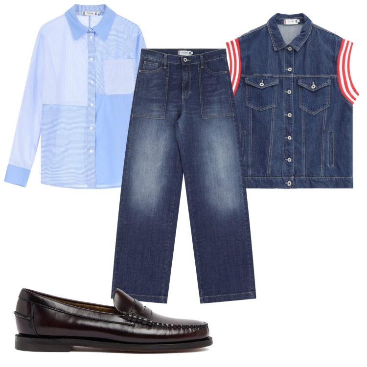 Outfit donna - Total look #2094889. Stile Trendy per Tutti i giorni. Abbinamento con gilet, jeans, camicie, mocassini.