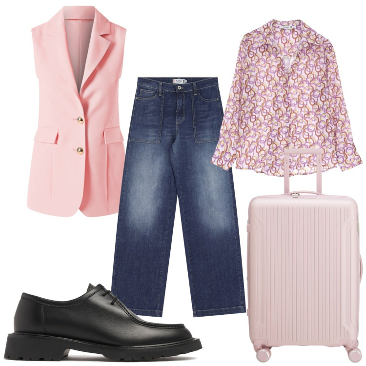 Outfit donna - Total look #2094895. Stile Trendy per Tutti i giorni. Abbinamento con gilet, jeans, camicie, scarpe stringate, valigie.