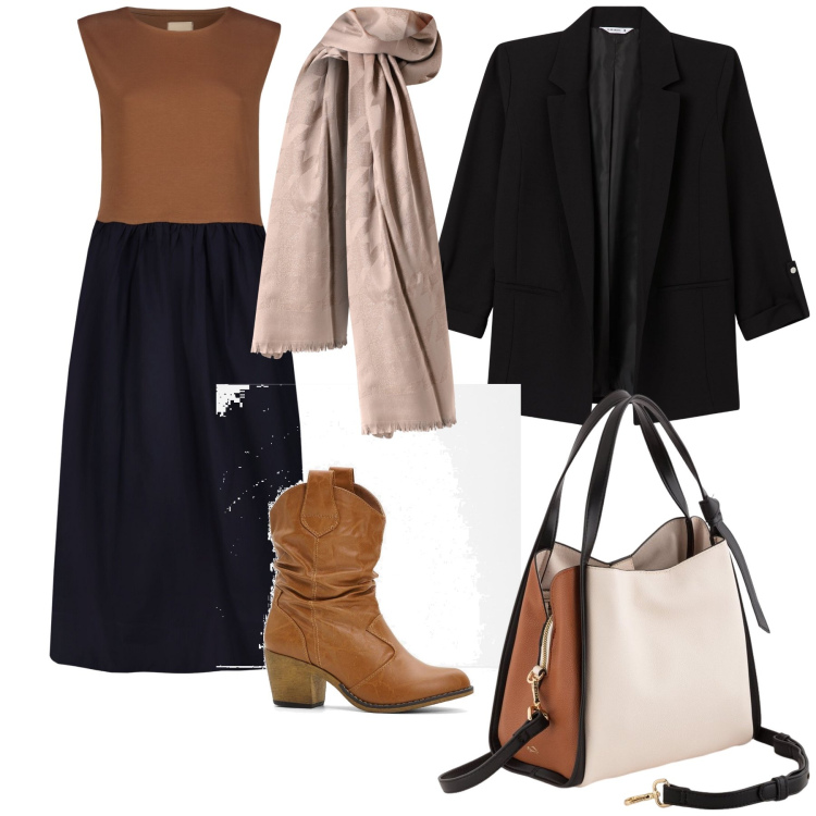 Outfit donna - Vestito bicolore. Stile Urban per Ufficio. Abbinamento con stivaletti texani, blazer, sciarpe, vestiti midi/longuette, borse a mano.