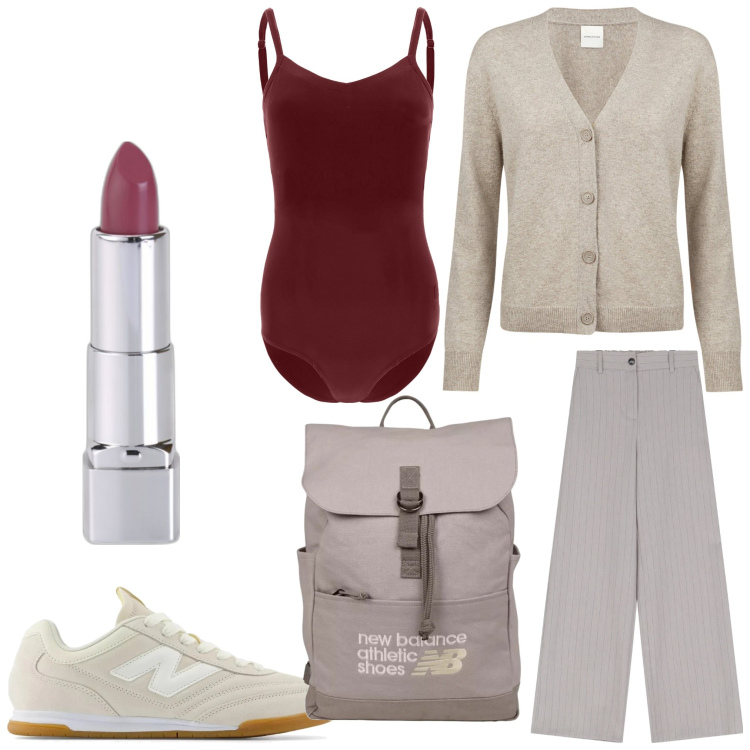Outfit donna - Grigio e burgundy. Stile Sporty chic per Tutti i giorni. Abbinamento con rossetti, zaini, sneakers, body, pantaloni a palazzo, cardigans.